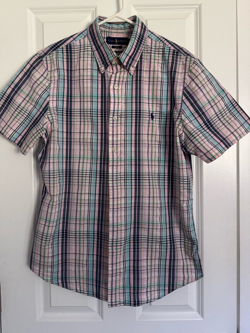 Ralph Lauren Pink and Navy Plaid Short-Sleeve Button-Down Shirt Slim Fit